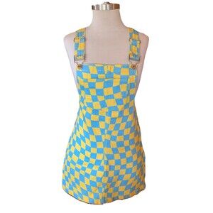 Checkerboard Overalls Dress Skirt Size Medium Whimsical Forever 21 Blue/Yellow